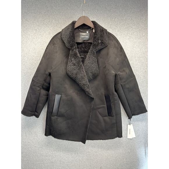 Calvin Klein Womens Coat Faux Shearling Black Heavy Outdoor Jacket Large NWT